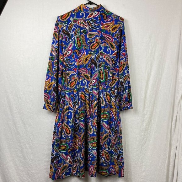 Vintage Schrader Long Sleeve Pleated Midi Dress Womens 14 Paisley Secretary 70s - Picture 8 of 16